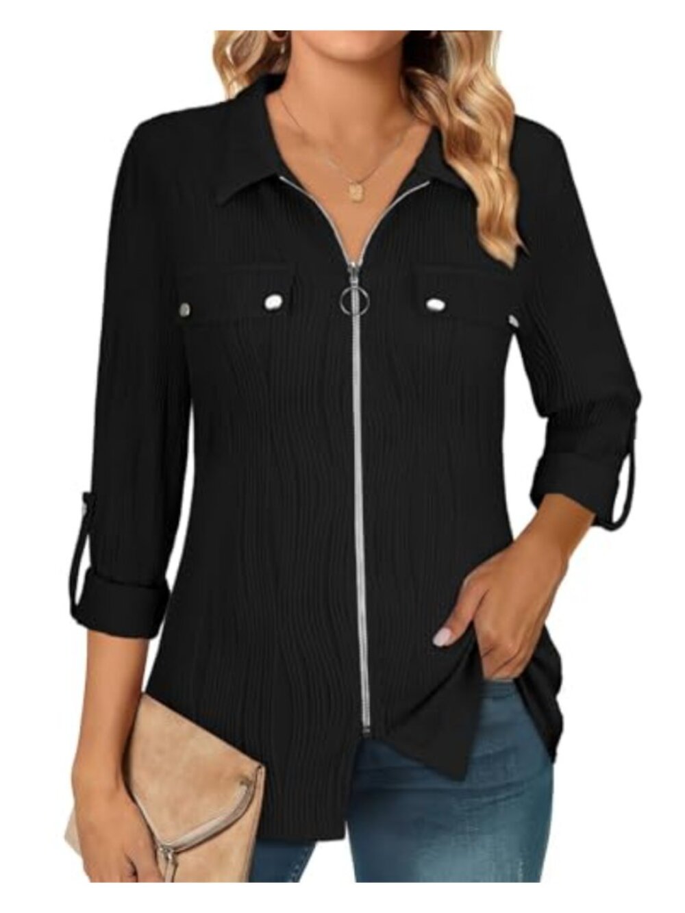 Womens Pleated V Neck Zip Front Blouse Roll Up Long Sleeve Business Casual Top